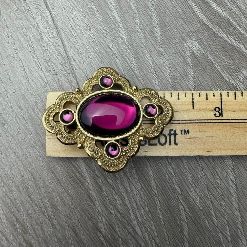 Vintage Ornate Gold Tone Brooch Pin Large Purple Glass